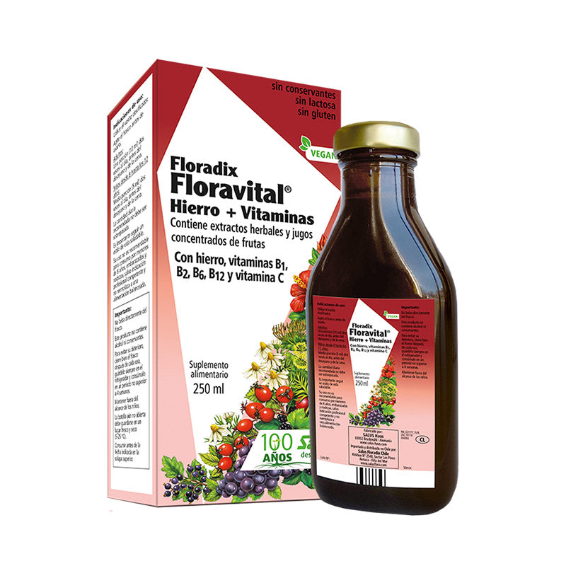 Frasco de Floravital SalusFlora con 250 ml de extracto herbal natural para bienestar y salud.